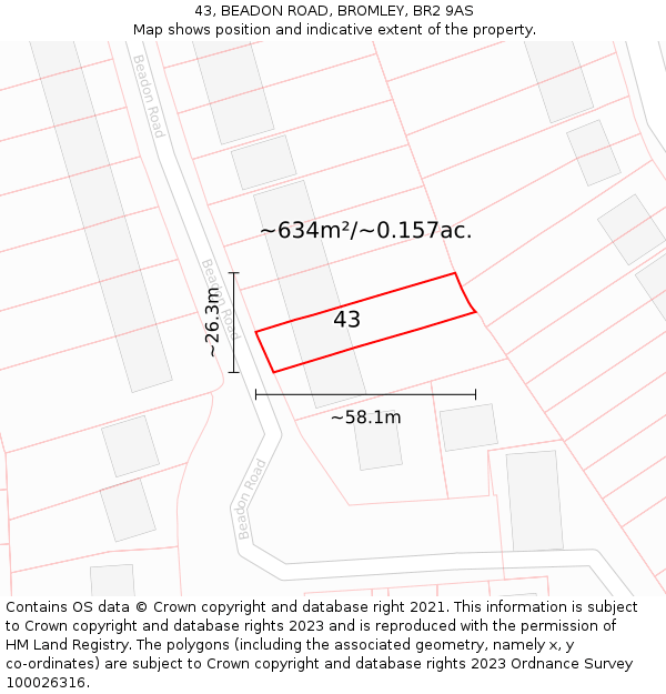 43, BEADON ROAD, BROMLEY, BR2 9AS: Plot and title map