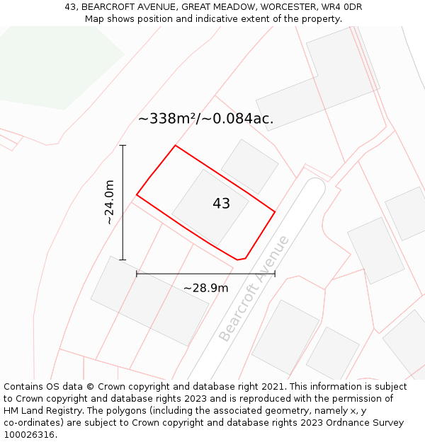 43, BEARCROFT AVENUE, GREAT MEADOW, WORCESTER, WR4 0DR: Plot and title map
