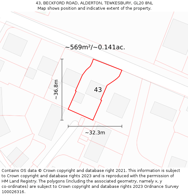 43, BECKFORD ROAD, ALDERTON, TEWKESBURY, GL20 8NL: Plot and title map