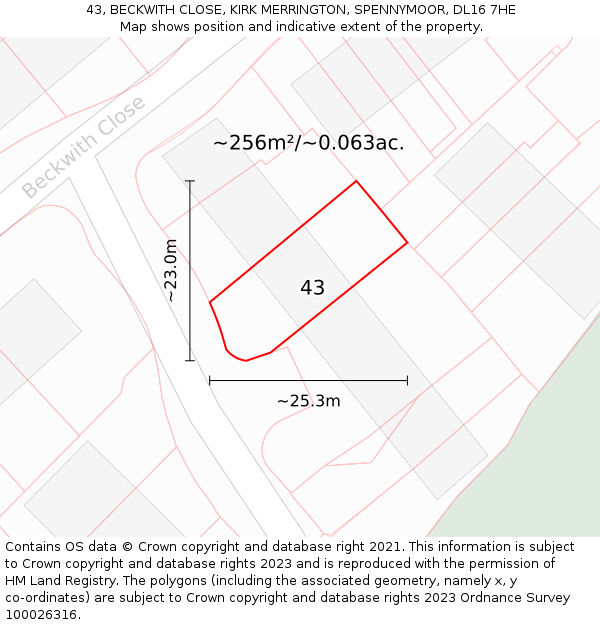43, BECKWITH CLOSE, KIRK MERRINGTON, SPENNYMOOR, DL16 7HE: Plot and title map