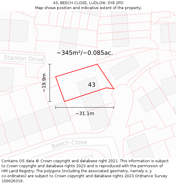 43, BEECH CLOSE, LUDLOW, SY8 2PD: Plot and title map