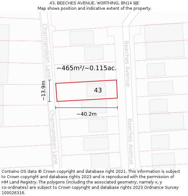 43, BEECHES AVENUE, WORTHING, BN14 9JE: Plot and title map