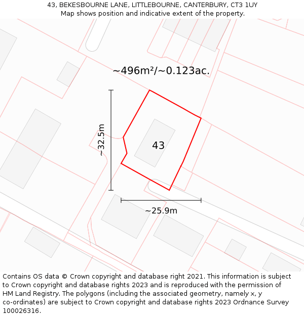 43, BEKESBOURNE LANE, LITTLEBOURNE, CANTERBURY, CT3 1UY: Plot and title map