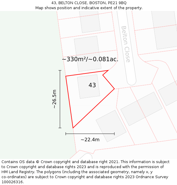 43, BELTON CLOSE, BOSTON, PE21 9BQ: Plot and title map