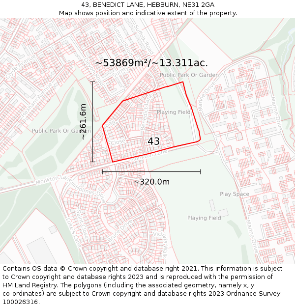 43, BENEDICT LANE, HEBBURN, NE31 2GA: Plot and title map