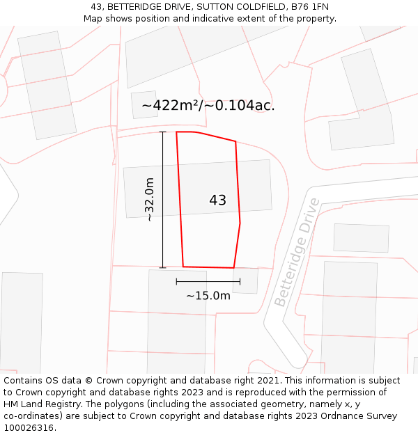 43, BETTERIDGE DRIVE, SUTTON COLDFIELD, B76 1FN: Plot and title map
