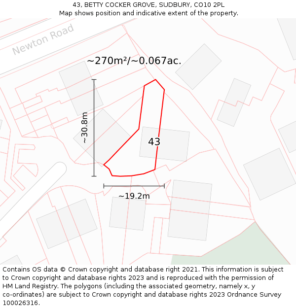 43, BETTY COCKER GROVE, SUDBURY, CO10 2PL: Plot and title map