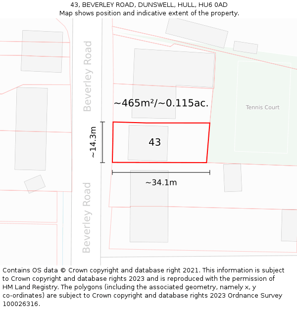 43, BEVERLEY ROAD, DUNSWELL, HULL, HU6 0AD: Plot and title map