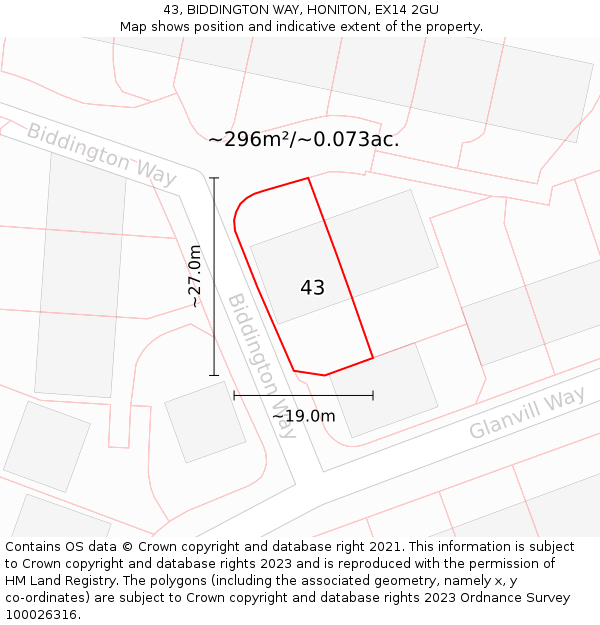 43, BIDDINGTON WAY, HONITON, EX14 2GU: Plot and title map