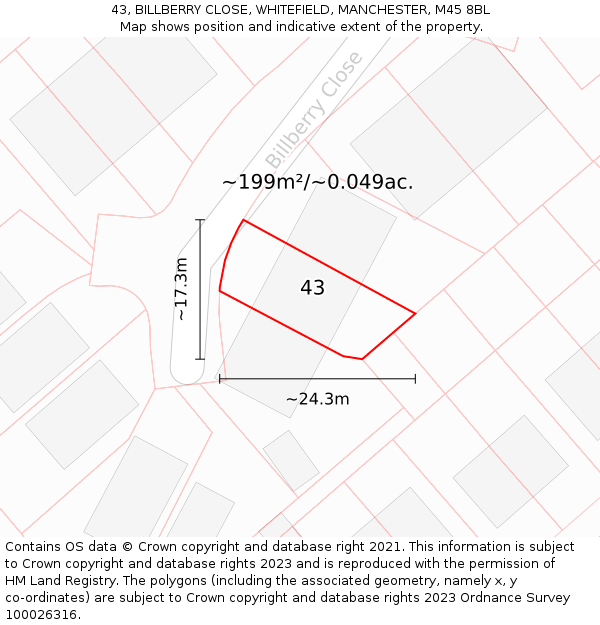 43, BILLBERRY CLOSE, WHITEFIELD, MANCHESTER, M45 8BL: Plot and title map