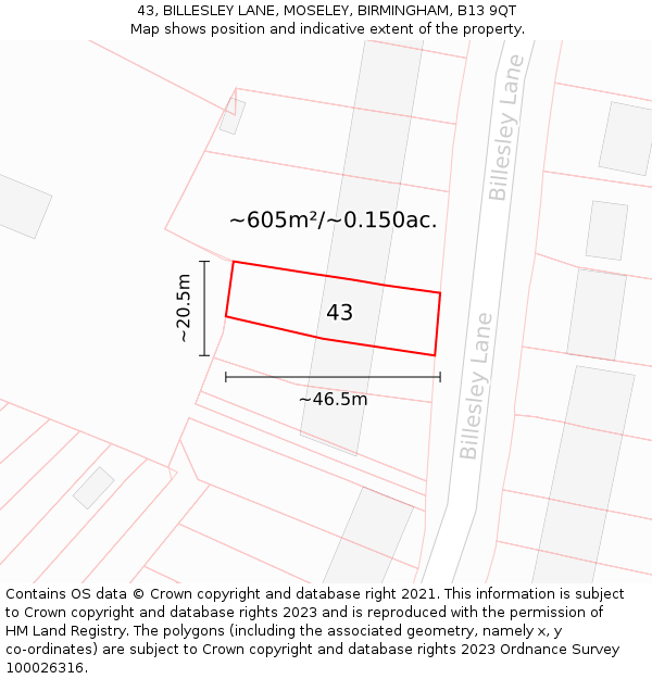 43, BILLESLEY LANE, MOSELEY, BIRMINGHAM, B13 9QT: Plot and title map