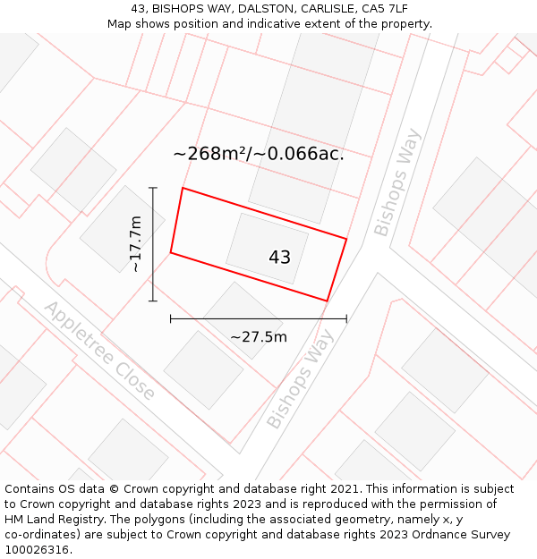 43, BISHOPS WAY, DALSTON, CARLISLE, CA5 7LF: Plot and title map