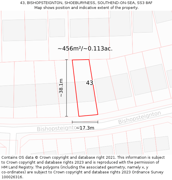 43, BISHOPSTEIGNTON, SHOEBURYNESS, SOUTHEND-ON-SEA, SS3 8AF: Plot and title map
