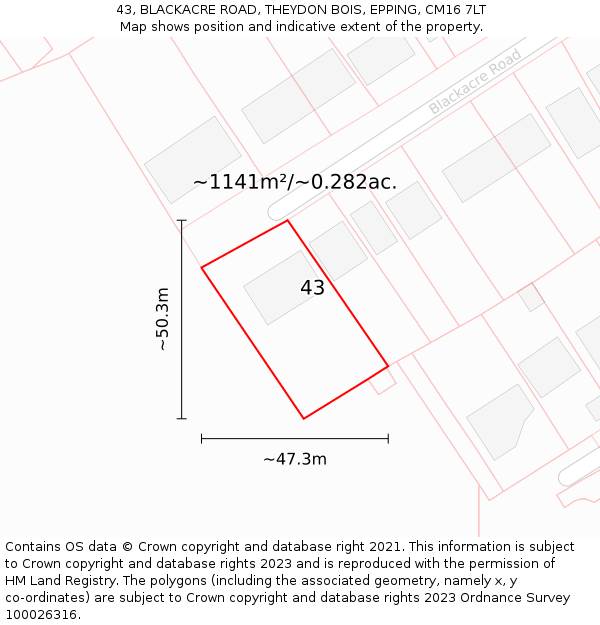 43, BLACKACRE ROAD, THEYDON BOIS, EPPING, CM16 7LT: Plot and title map