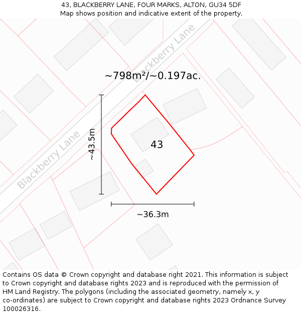 43, BLACKBERRY LANE, FOUR MARKS, ALTON, GU34 5DF: Plot and title map