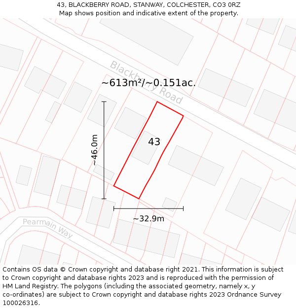 43, BLACKBERRY ROAD, STANWAY, COLCHESTER, CO3 0RZ: Plot and title map