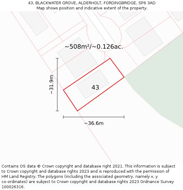 43, BLACKWATER GROVE, ALDERHOLT, FORDINGBRIDGE, SP6 3AD: Plot and title map