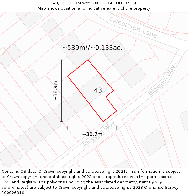 43, BLOSSOM WAY, UXBRIDGE, UB10 9LN: Plot and title map