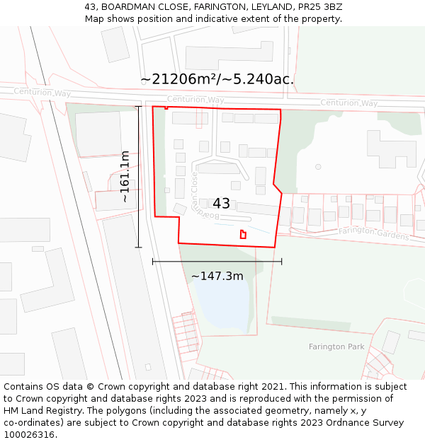 43, BOARDMAN CLOSE, FARINGTON, LEYLAND, PR25 3BZ: Plot and title map