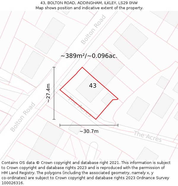 43, BOLTON ROAD, ADDINGHAM, ILKLEY, LS29 0NW: Plot and title map