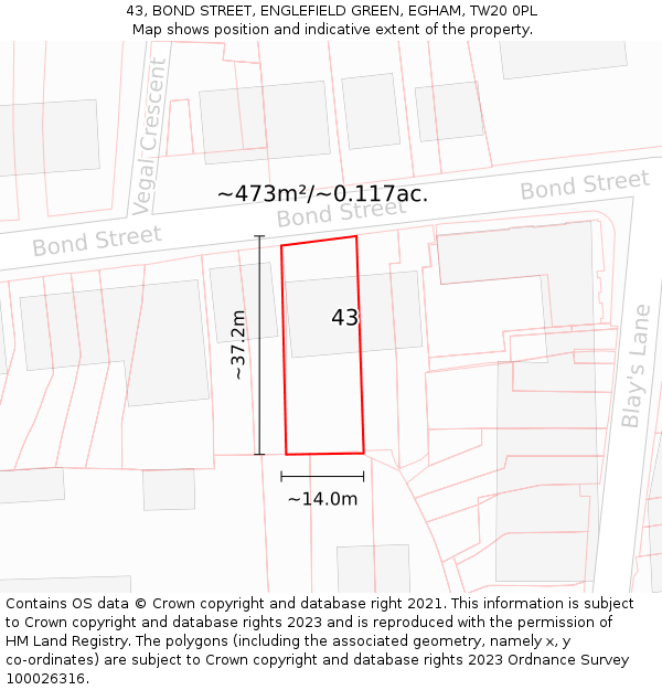 43, BOND STREET, ENGLEFIELD GREEN, EGHAM, TW20 0PL: Plot and title map