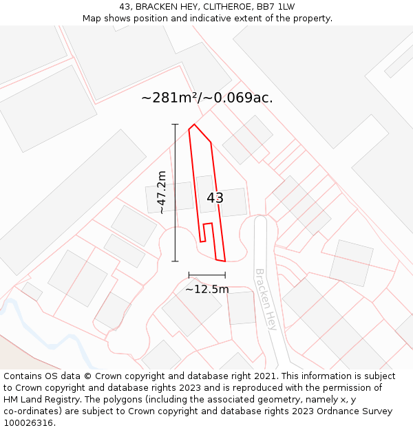43, BRACKEN HEY, CLITHEROE, BB7 1LW: Plot and title map