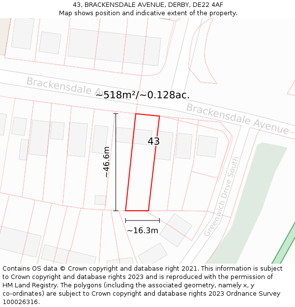 43, BRACKENSDALE AVENUE, DERBY, DE22 4AF: Plot and title map