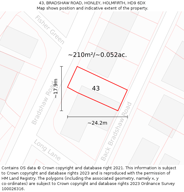 43, BRADSHAW ROAD, HONLEY, HOLMFIRTH, HD9 6DX: Plot and title map