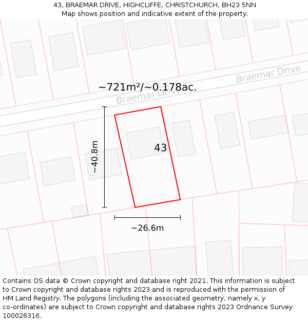 43, BRAEMAR DRIVE, HIGHCLIFFE, CHRISTCHURCH, BH23 5NN: Plot and title map