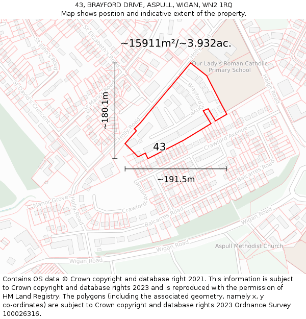 43, BRAYFORD DRIVE, ASPULL, WIGAN, WN2 1RQ: Plot and title map