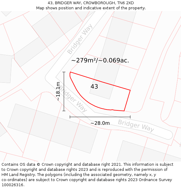 43, BRIDGER WAY, CROWBOROUGH, TN6 2XD: Plot and title map