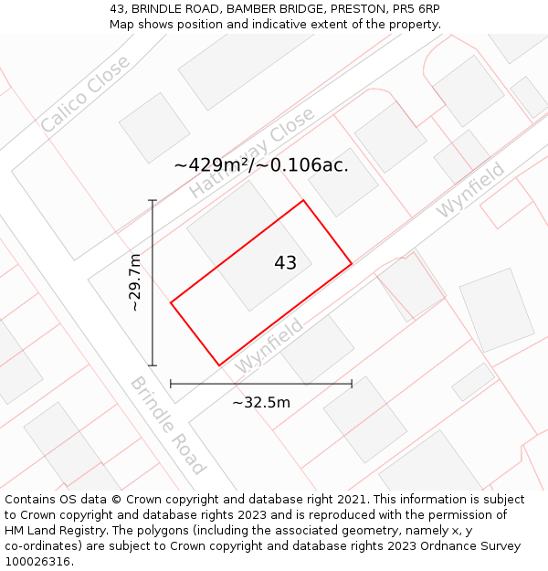 43, BRINDLE ROAD, BAMBER BRIDGE, PRESTON, PR5 6RP: Plot and title map