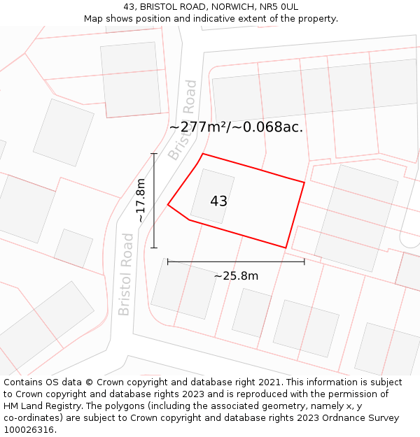 43, BRISTOL ROAD, NORWICH, NR5 0UL: Plot and title map