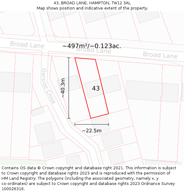 43, BROAD LANE, HAMPTON, TW12 3AL: Plot and title map