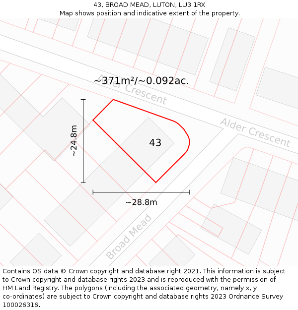 43, BROAD MEAD, LUTON, LU3 1RX: Plot and title map