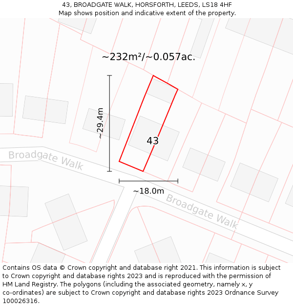 43, BROADGATE WALK, HORSFORTH, LEEDS, LS18 4HF: Plot and title map