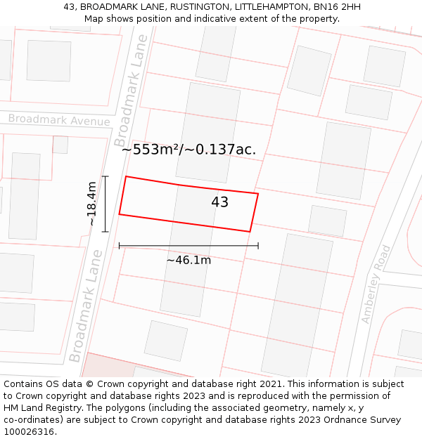 43, BROADMARK LANE, RUSTINGTON, LITTLEHAMPTON, BN16 2HH: Plot and title map