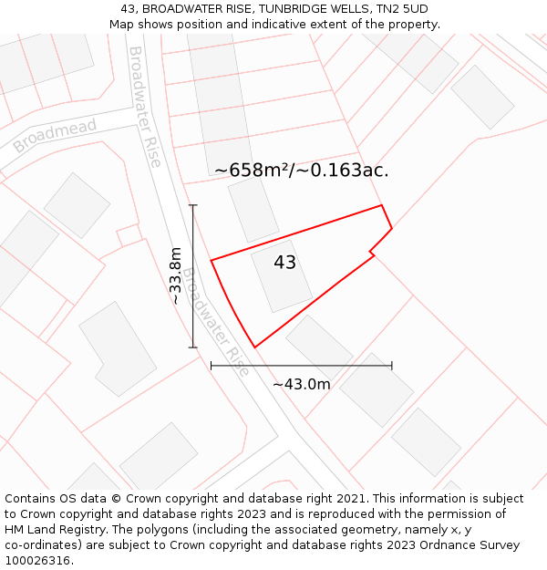 43, BROADWATER RISE, TUNBRIDGE WELLS, TN2 5UD: Plot and title map