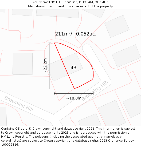 43, BROWNING HILL, COXHOE, DURHAM, DH6 4HB: Plot and title map