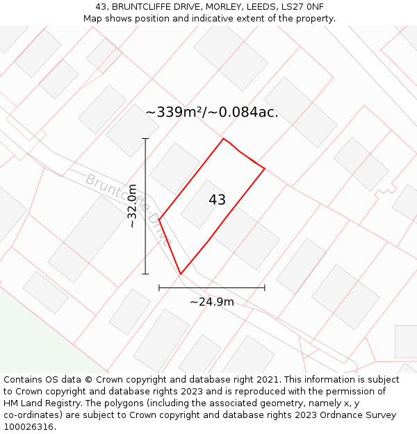 43, BRUNTCLIFFE DRIVE, MORLEY, LEEDS, LS27 0NF: Plot and title map