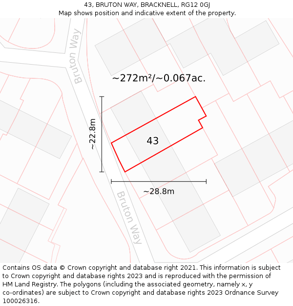 43, BRUTON WAY, BRACKNELL, RG12 0GJ: Plot and title map