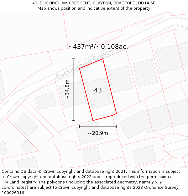 43, BUCKINGHAM CRESCENT, CLAYTON, BRADFORD, BD14 6EJ: Plot and title map