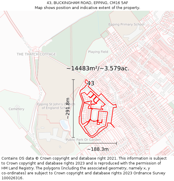 43, BUCKINGHAM ROAD, EPPING, CM16 5AF: Plot and title map