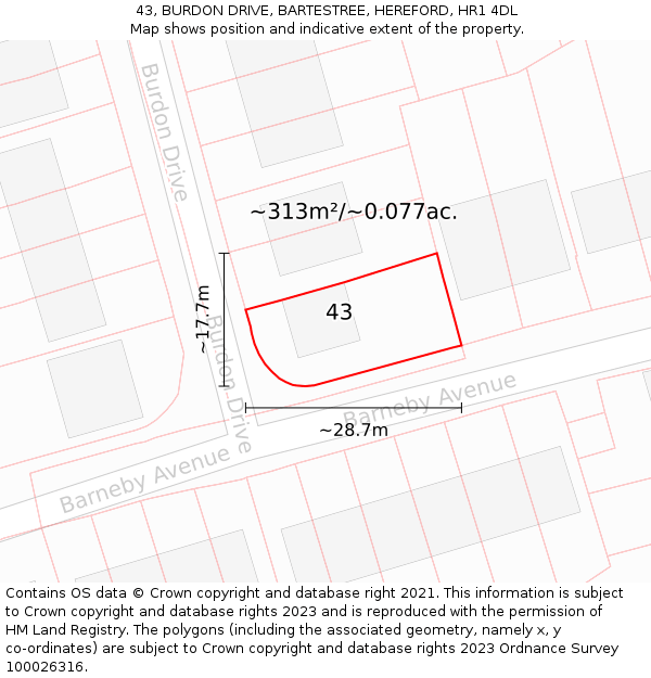 43, BURDON DRIVE, BARTESTREE, HEREFORD, HR1 4DL: Plot and title map