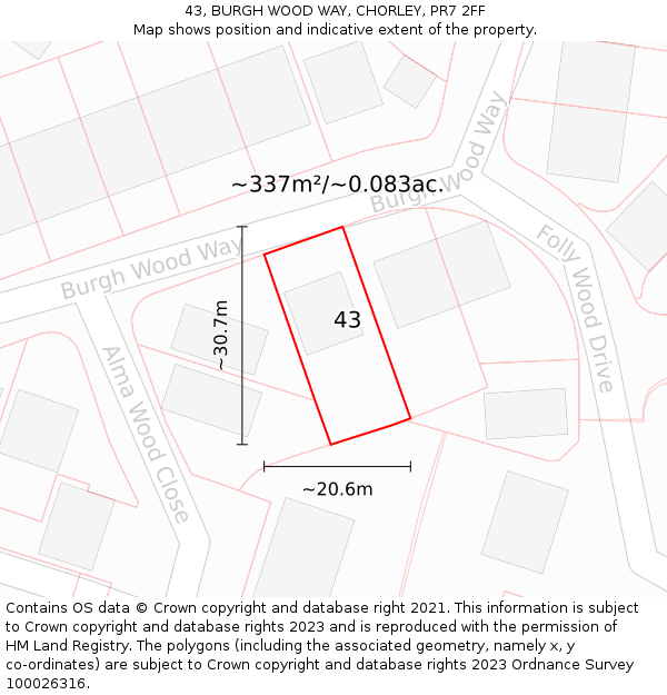 43, BURGH WOOD WAY, CHORLEY, PR7 2FF: Plot and title map