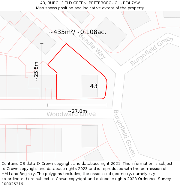 43, BURGHFIELD GREEN, PETERBOROUGH, PE4 7AW: Plot and title map