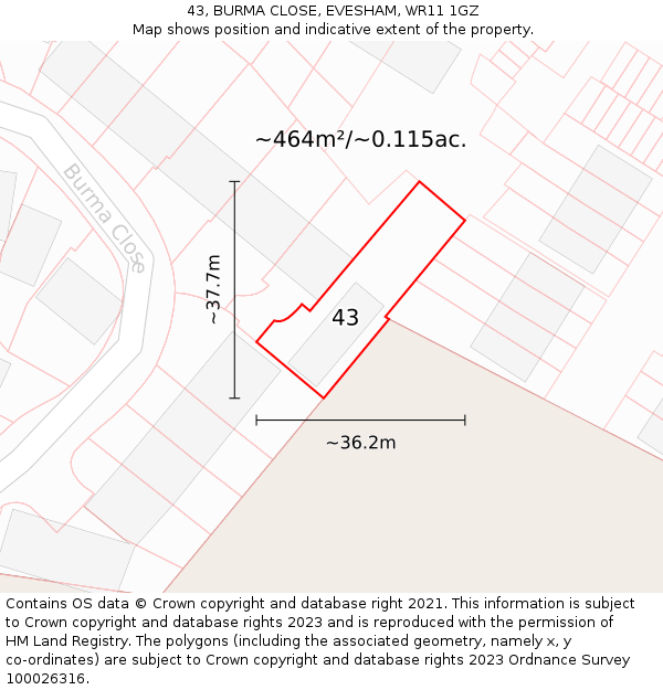 43, BURMA CLOSE, EVESHAM, WR11 1GZ: Plot and title map