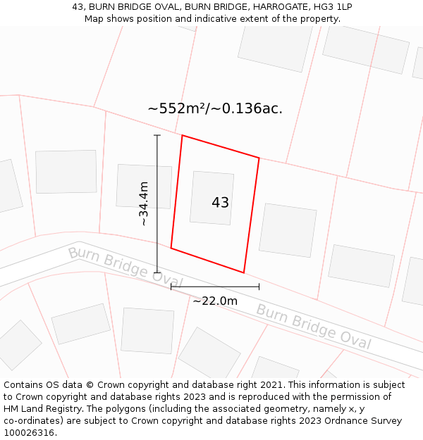 43, BURN BRIDGE OVAL, BURN BRIDGE, HARROGATE, HG3 1LP: Plot and title map