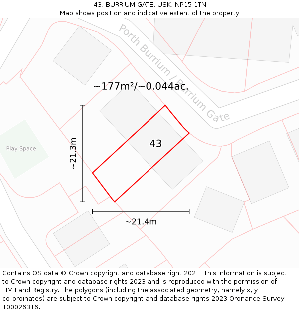 43, BURRIUM GATE, USK, NP15 1TN: Plot and title map