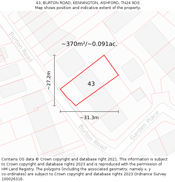 43, BURTON ROAD, KENNINGTON, ASHFORD, TN24 9DS: Plot and title map